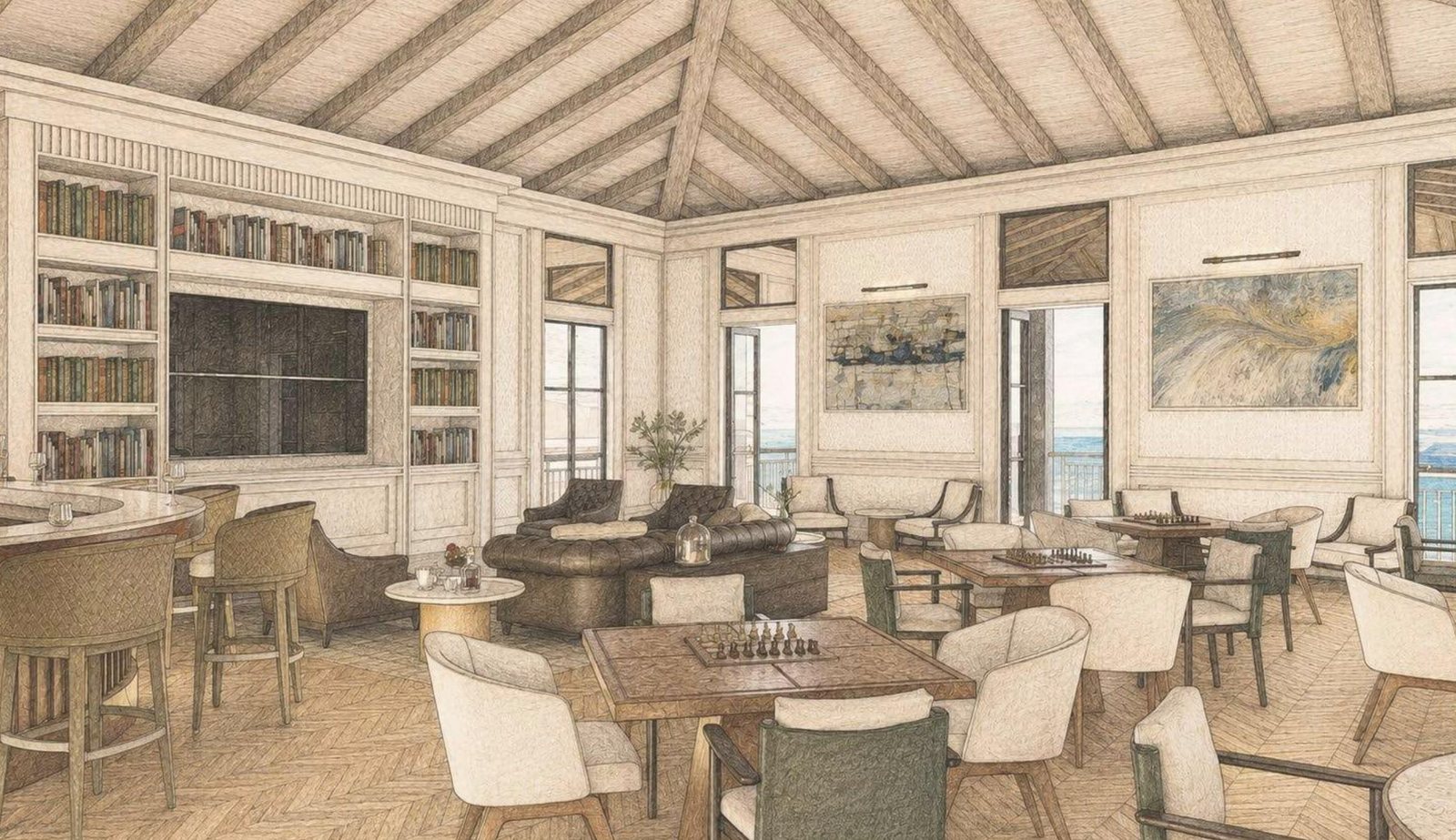 Conceptual rendering of the Club Ninety Six card room with bar and ocean views
