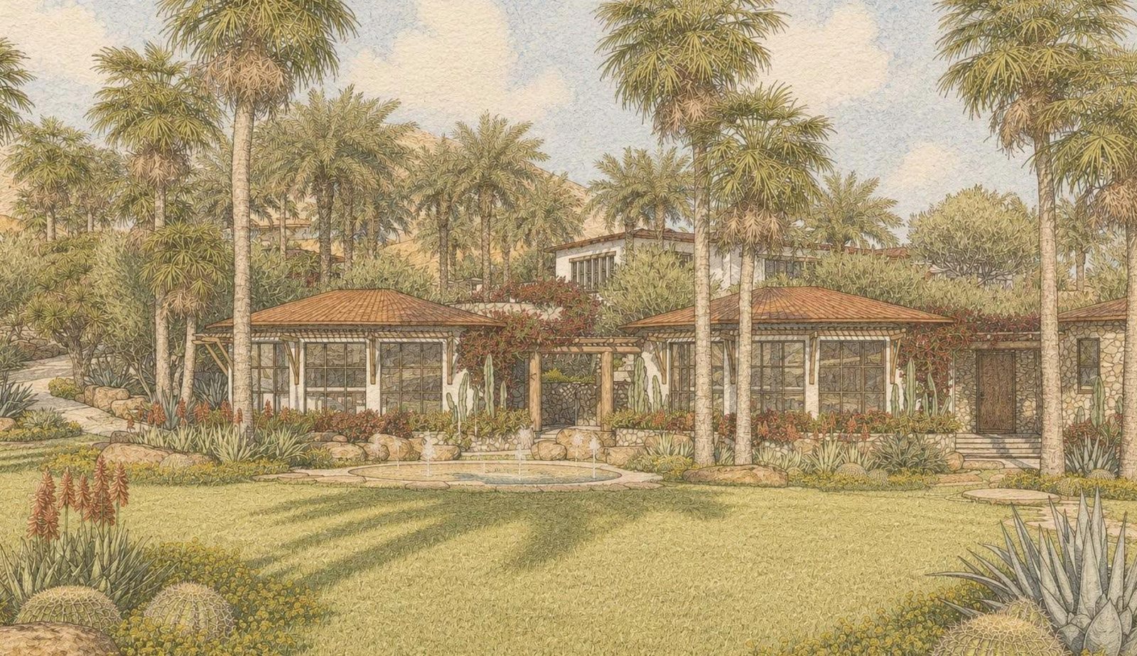 Conceptual rendering of the Kid’s Village pavilions set into the hillside with a splash pad