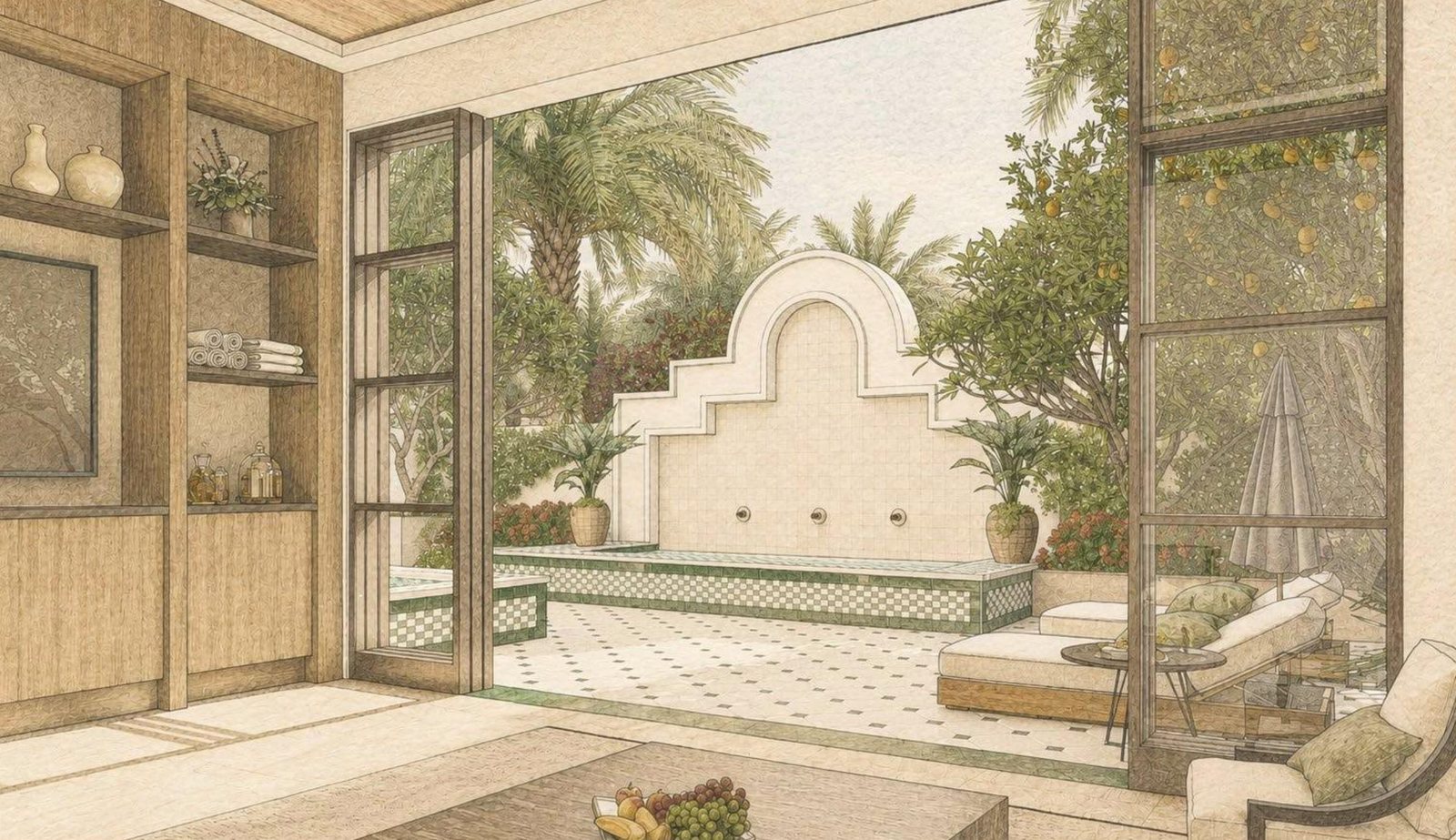 Conceptual rendering of a spa lounge opening onto a tiled garden with a plunge pool