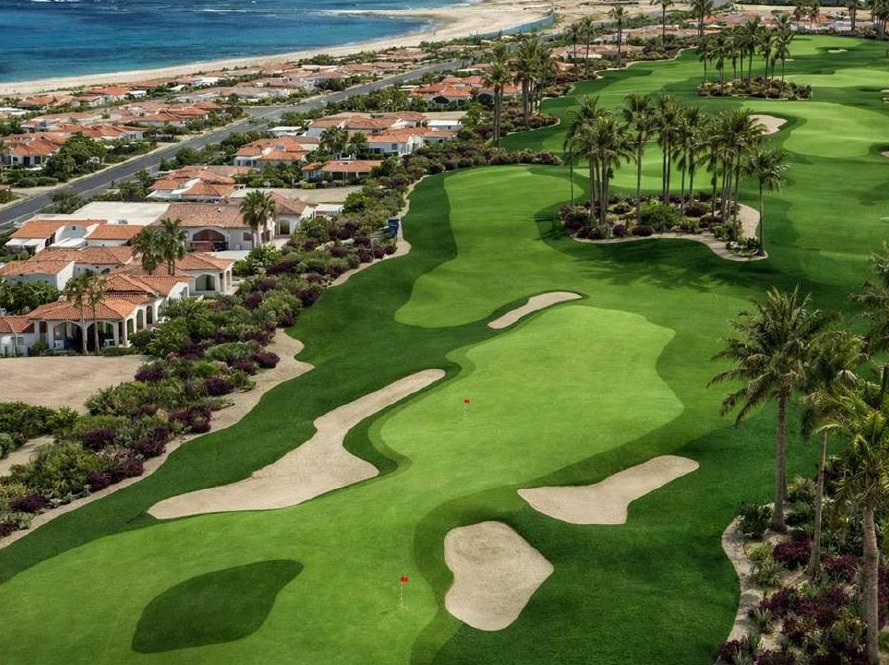 Rendering of an aerial view of a Palmilla fairway lined with homes and palms, with the Sea of Cortez beyond